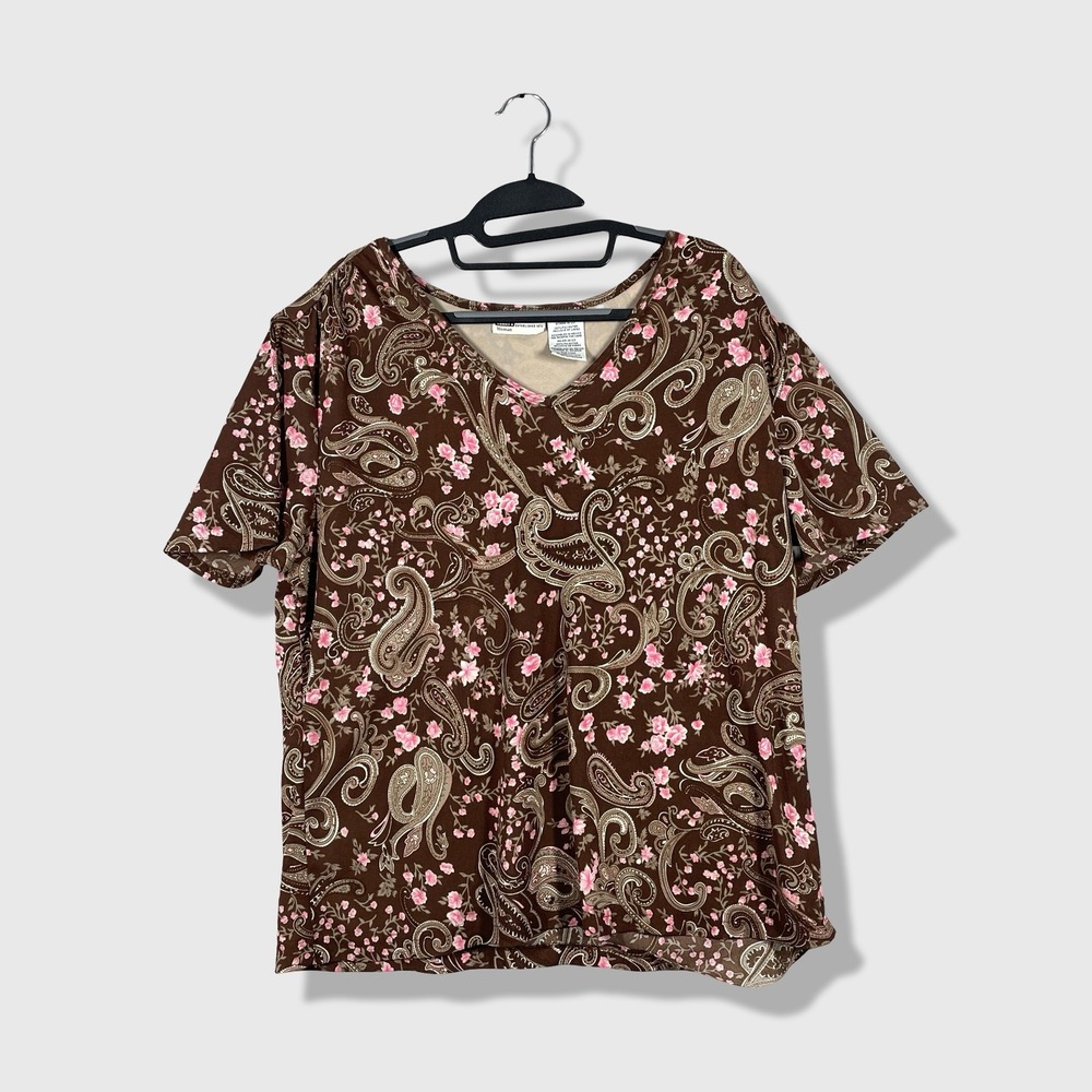 Faded‎ Glory T-Shirt Women 18/20 Brown Paisley Floral Short Sleeve Casual Boho